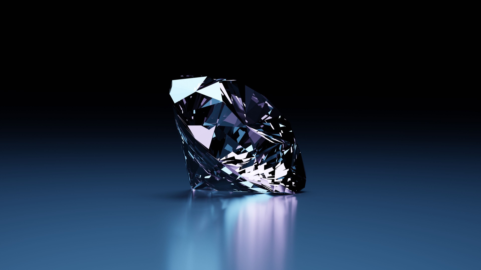 Diamanten auf dunkelblauem Grund, kostbare Schmucksteine. Leuchtende Facetten eines Diamanten. 3D-Rendering